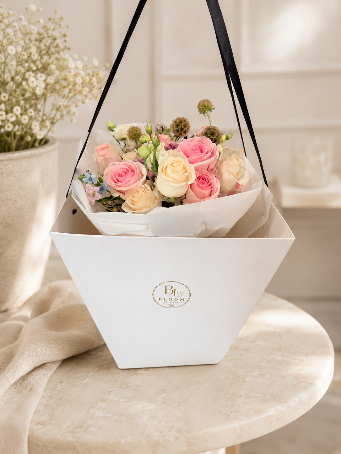 Blush & Ivory Luxe Bouquet in a signature white luxury carrier with blush pink and creamy ivory roses and seasonal accents