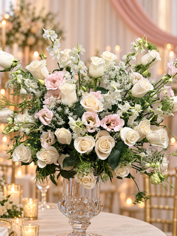 Elegant blush and ivory rose centerpiece in a crystal compote vase for a Santa Clarita wedding or formal event