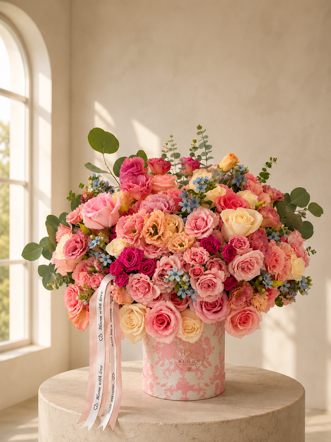 Luxury pink rose and lisianthus arrangement in a Bloom With Love keepsake hat box, styled in sunlight