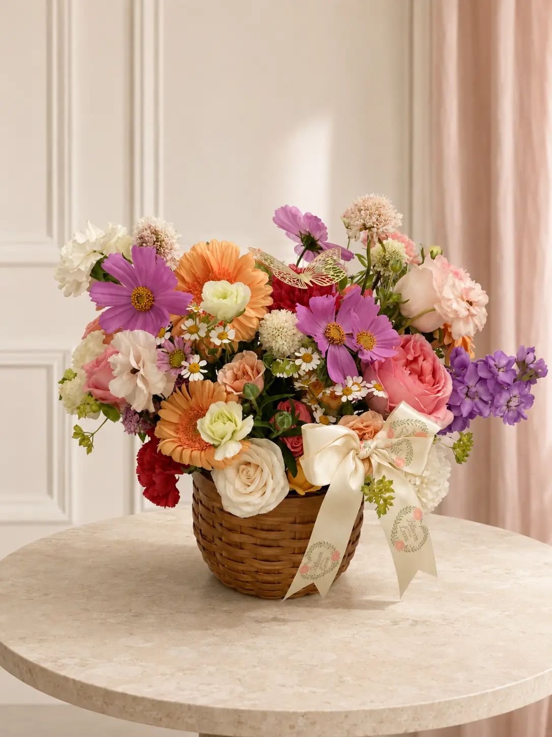 Garden-style wicker basket of orange gerbera daisies, purple cosmos, garden roses, stock and chamomile with a Bloom With Love ribbon
