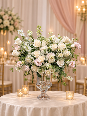 Romantic ivory garden centerpiece with roses, stock and greenery in a crystal vase for an upscale Santa Clarita celebration