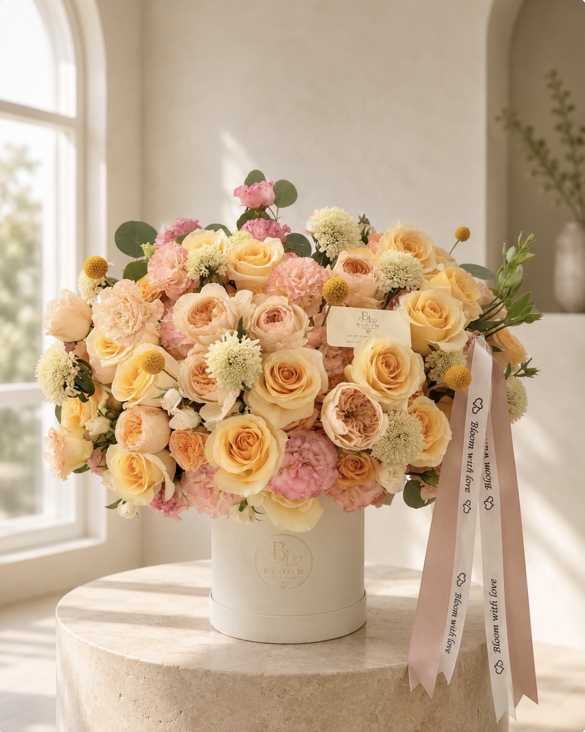 Golden Hour Garden luxury arrangement of butter-yellow and peach garden roses, pink carnations, scabiosa and craspedia in a cream Bloom With Love hat box