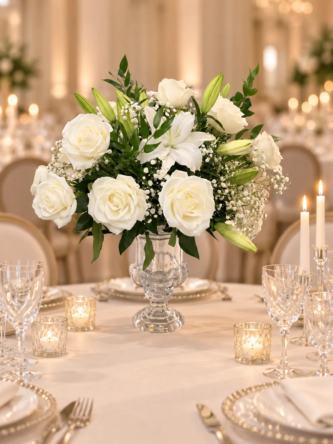Timeless white rose and lily centerpiece with baby's breath and greenery in a crystal footed vase at an elegant Santa Clarita wedding reception