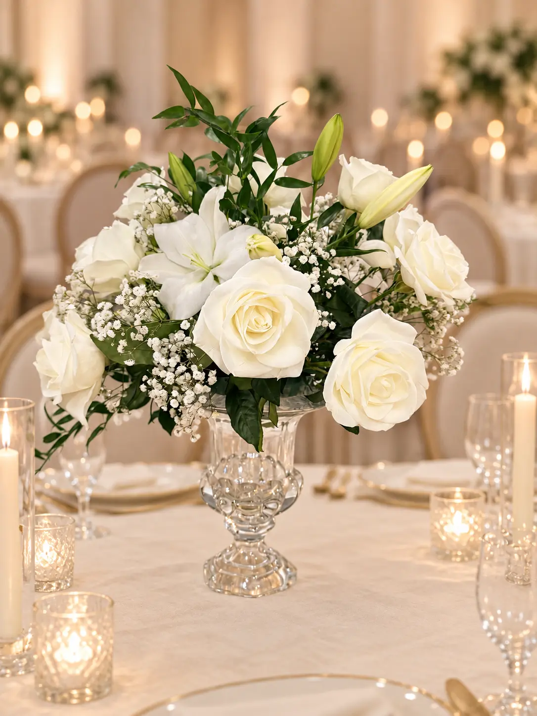 Lush white rose, lily and baby's breath centerpiece in a crystal pedestal vase on a candlelit reception table