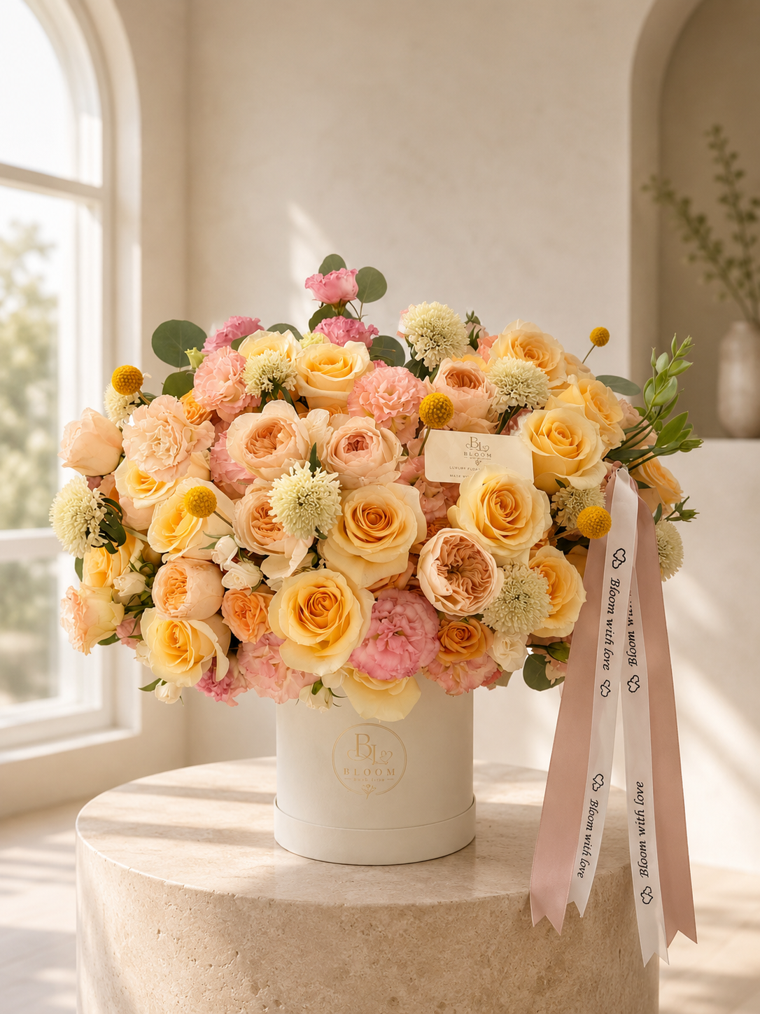 Peach and butter-yellow garden rose arrangement in a cream Bloom With Love hat box