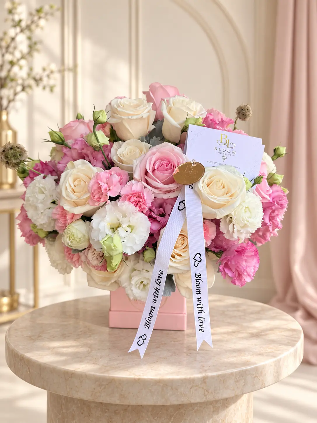 Pink Blush Luxe arrangement of blush and ivory roses, pink carnations and white lisianthus in a pink Bloom With Love box