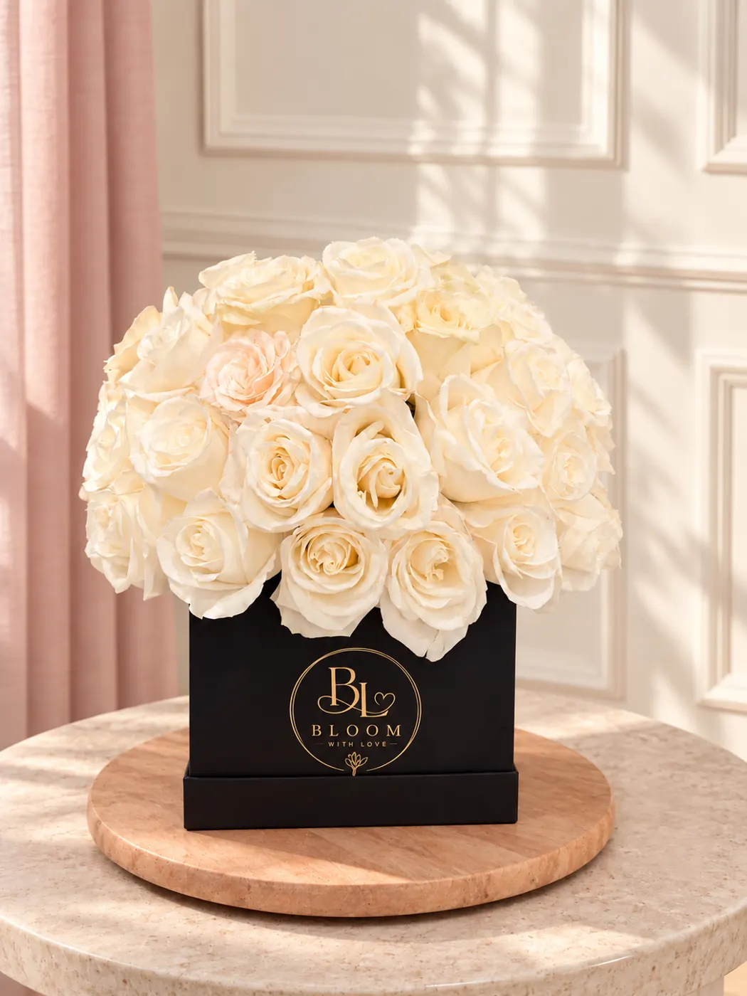 Luxury Rose Box with a full dome of premium ivory roses in a black Bloom With Love keepsake box