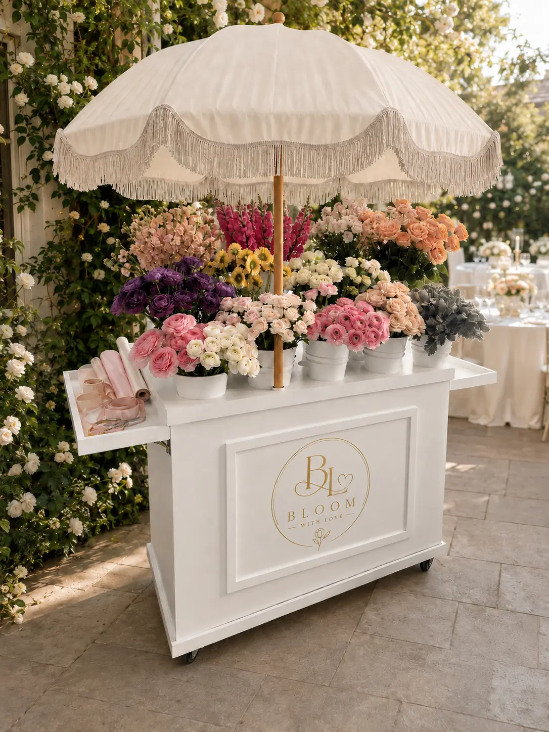 White Bloom With Love flower cart with gold logo and fringed umbrella styled with buckets of roses and ranunculus