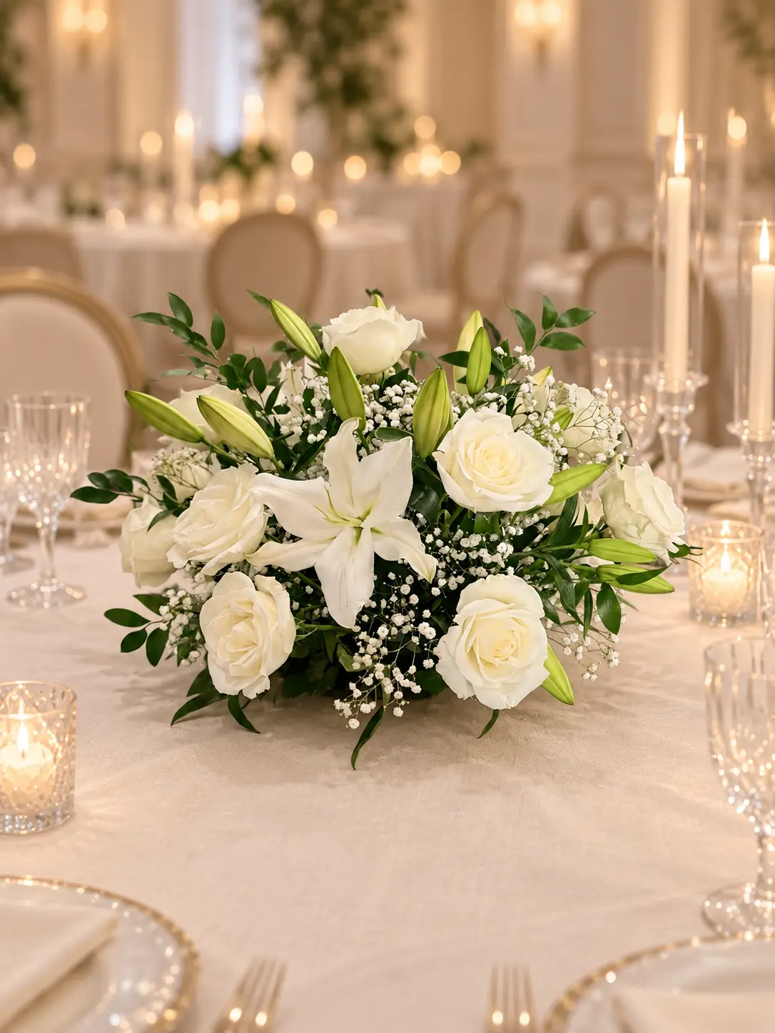 Low white rose and lily centerpiece with baby's breath and greenery on an ivory linen wedding table