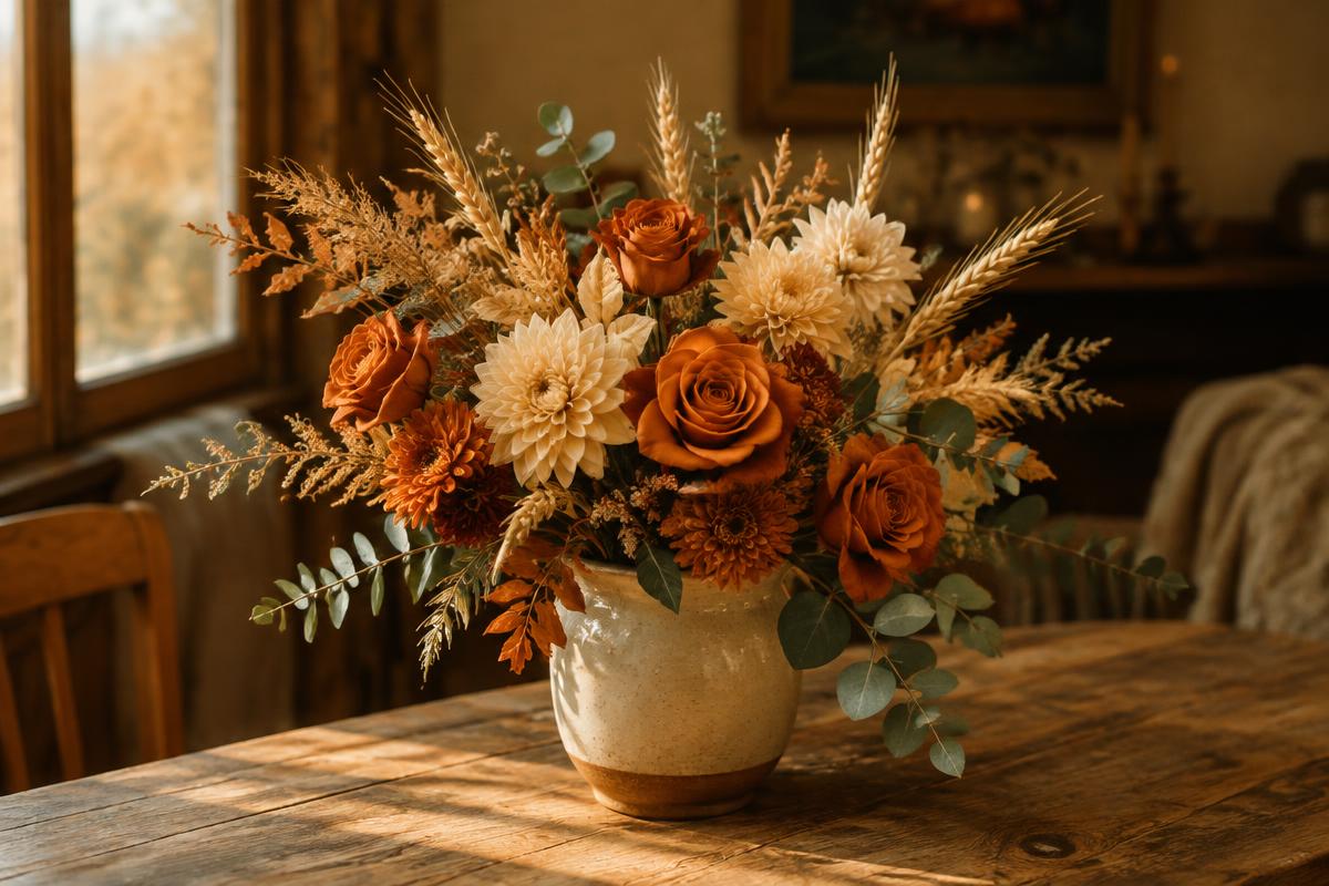 Autumn arrangement of burnt-orange roses, cream dahlias and dried wheat in a ceramic vase