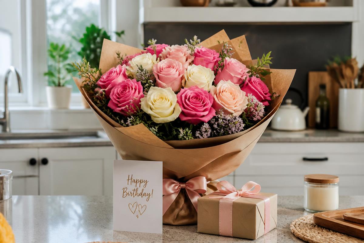 Birthday bouquet of pink and cream roses in kraft wrap on a kitchen counter with a card
