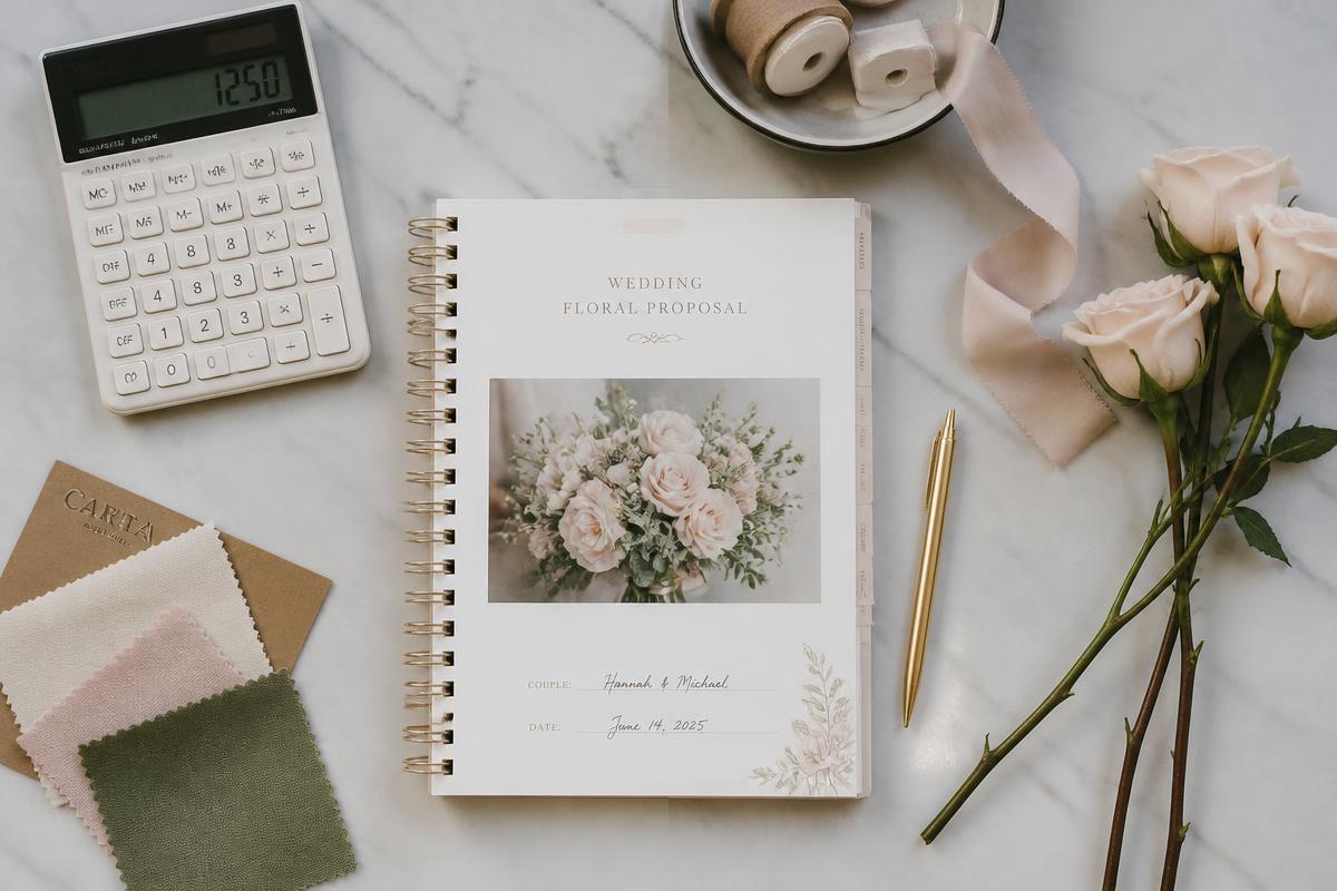 Wedding floral proposal notebook with calculator, ribbon and blush roses on marble