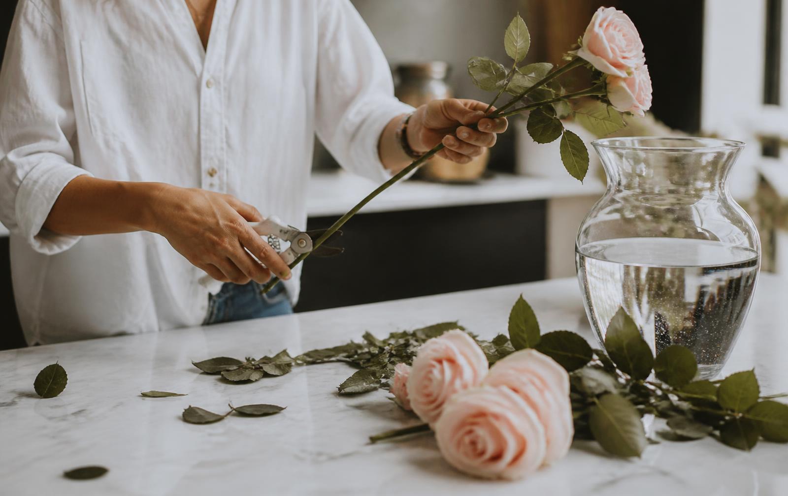 Hands trimming rose stems at an angle with floral shears on a marble counter