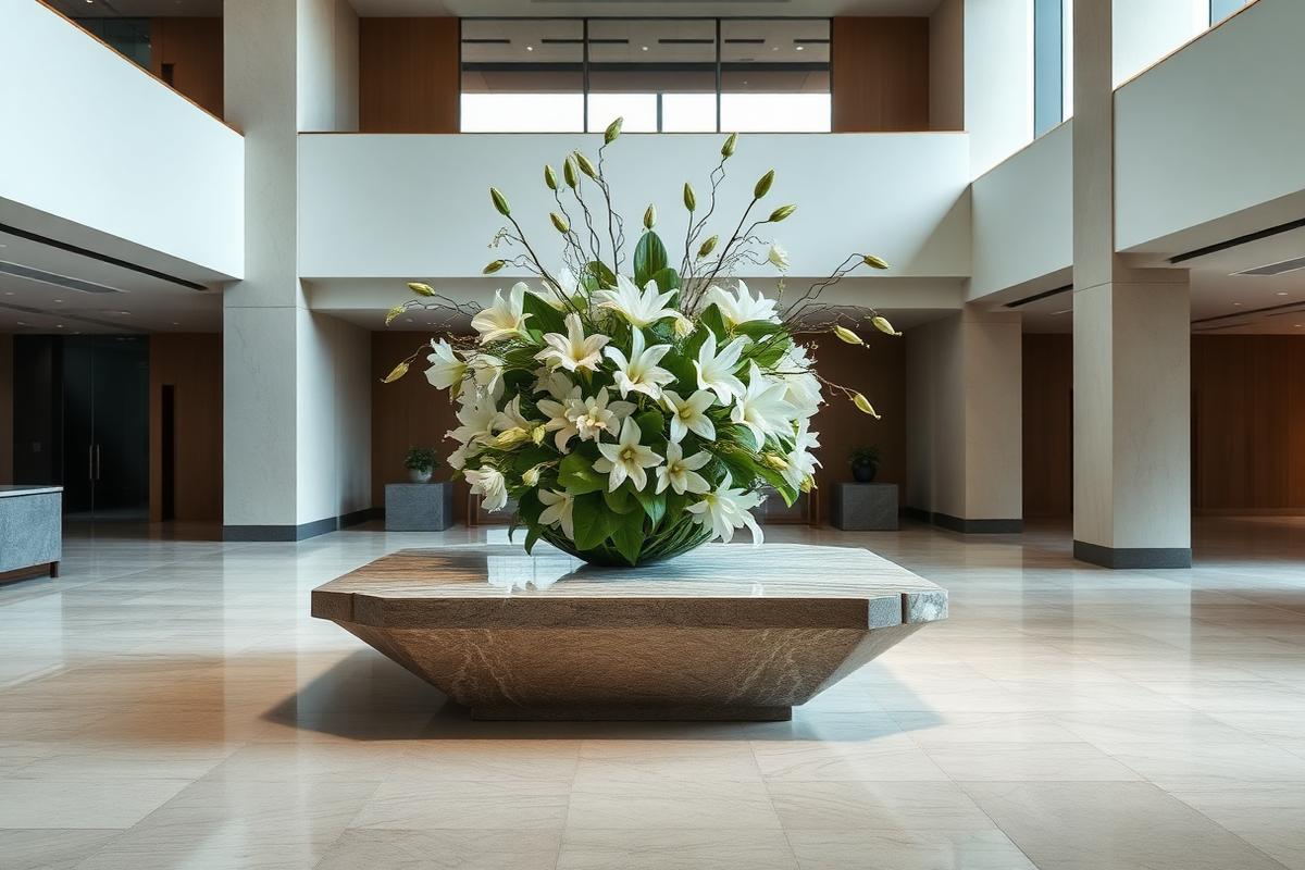 Sculptural white floral installation in a minimal corporate lobby