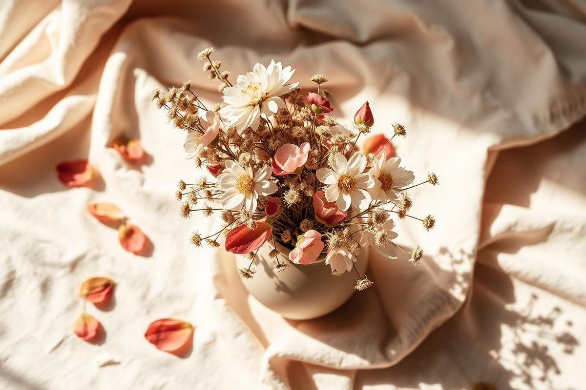Dried flower arrangement and pressed petals on cream linen
