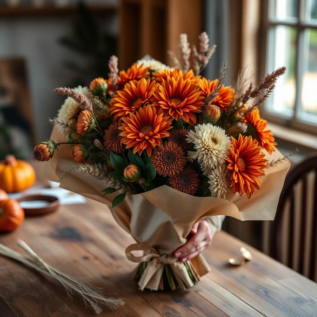 Fall bouquet of terracotta dahlias, bronze chrysanthemums and dried grasses wrapped in kraft paper on a wooden table