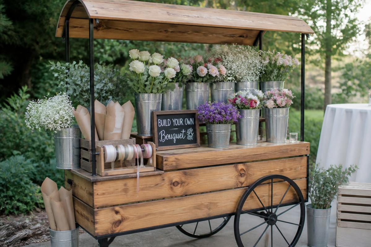 Wooden flower cart with buckets of blooms set up as a build-your-own bouquet bar