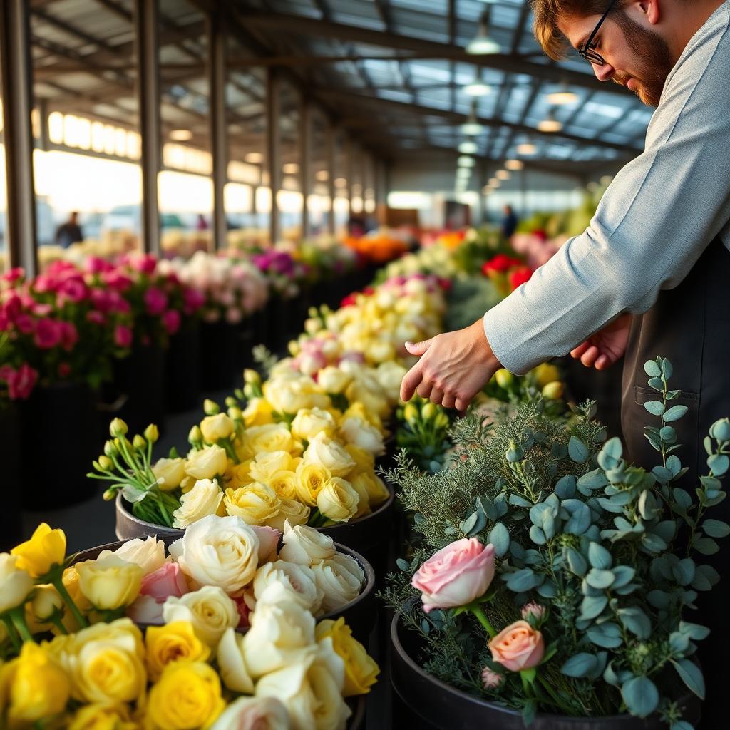 Florist selecting fresh roses, ranunculus and eucalyptus from market buckets at dawn