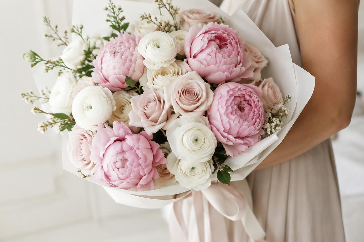 Luxury bouquet of pink peonies, blush roses and white ranunculus held over a woman's arm