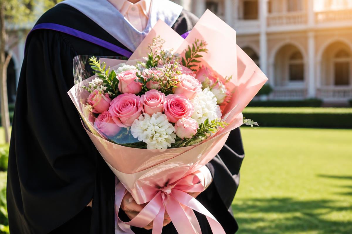 Graduate holding a wrapped bouquet of pink roses and white blooms on campus