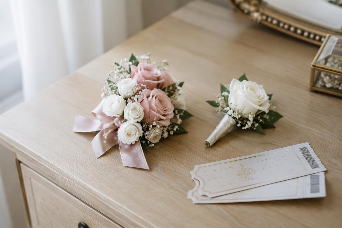 Blush and white rose wrist corsage and matching boutonniere on a dresser beside dance tickets