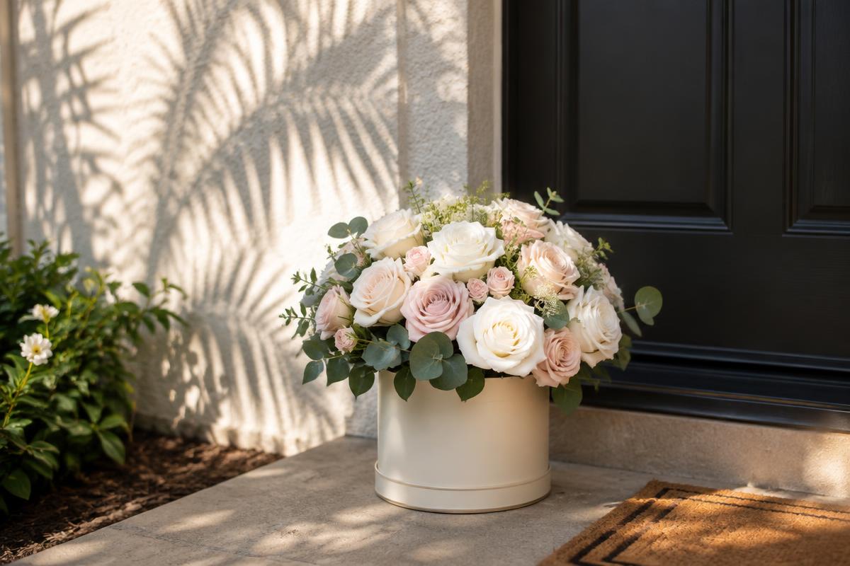 Cream hatbox of white and blush roses delivered on a sunny suburban front porch