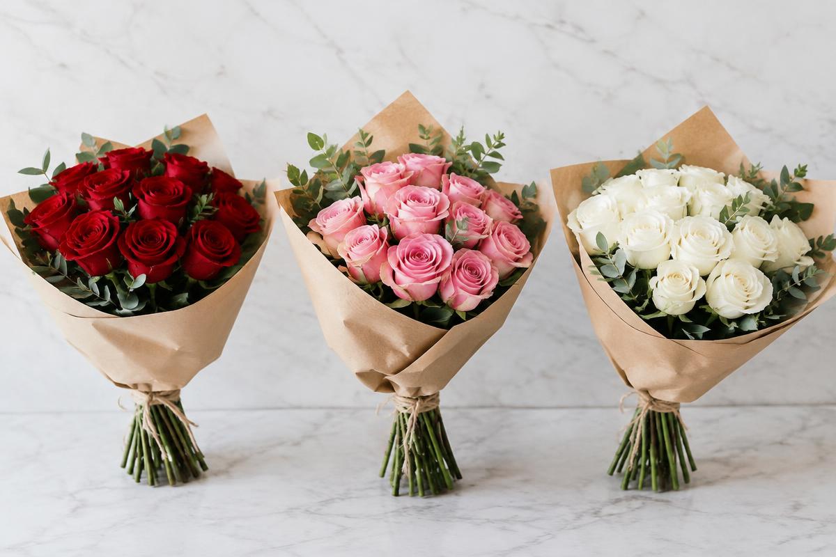 Three hand-tied rose bouquets in red, pink and white wrapped in kraft paper on marble