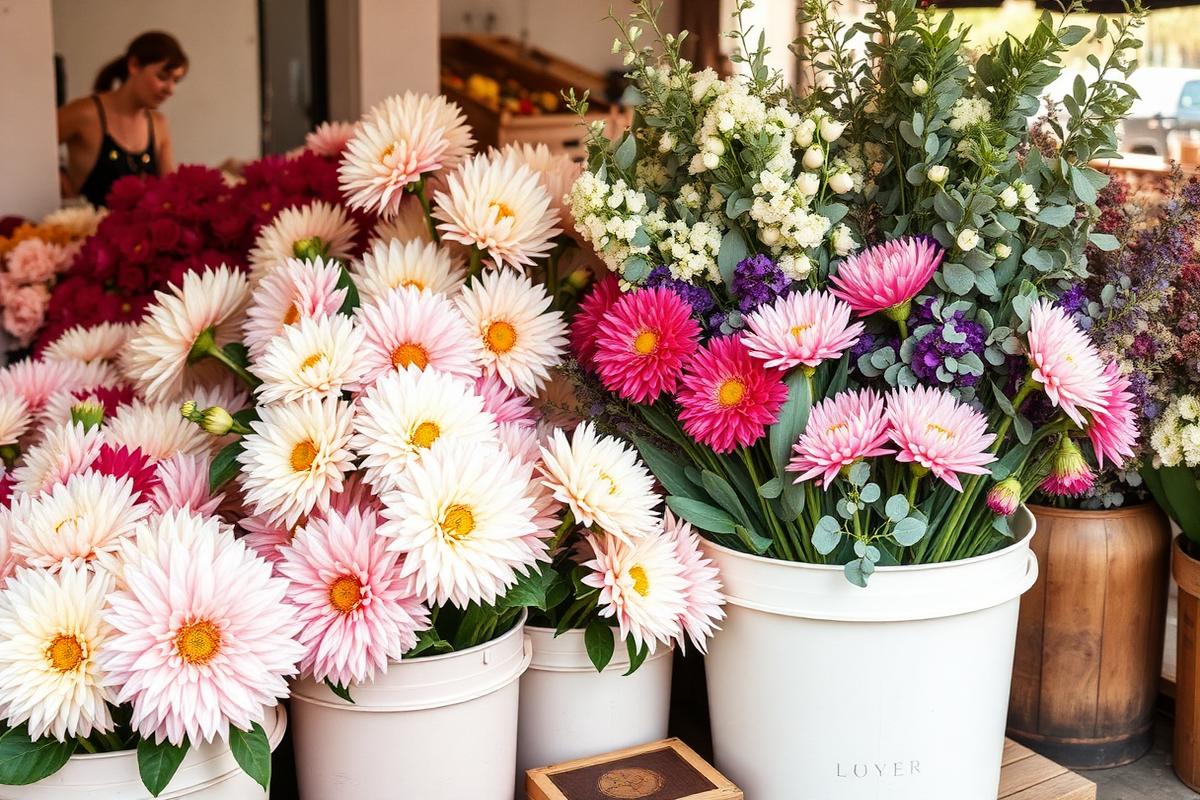 Flower market stall with buckets of dahlias, ranunculus and eucalyptus