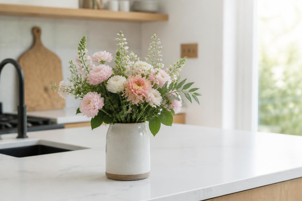 Weekly subscription arrangement in a ceramic vase on a bright kitchen island