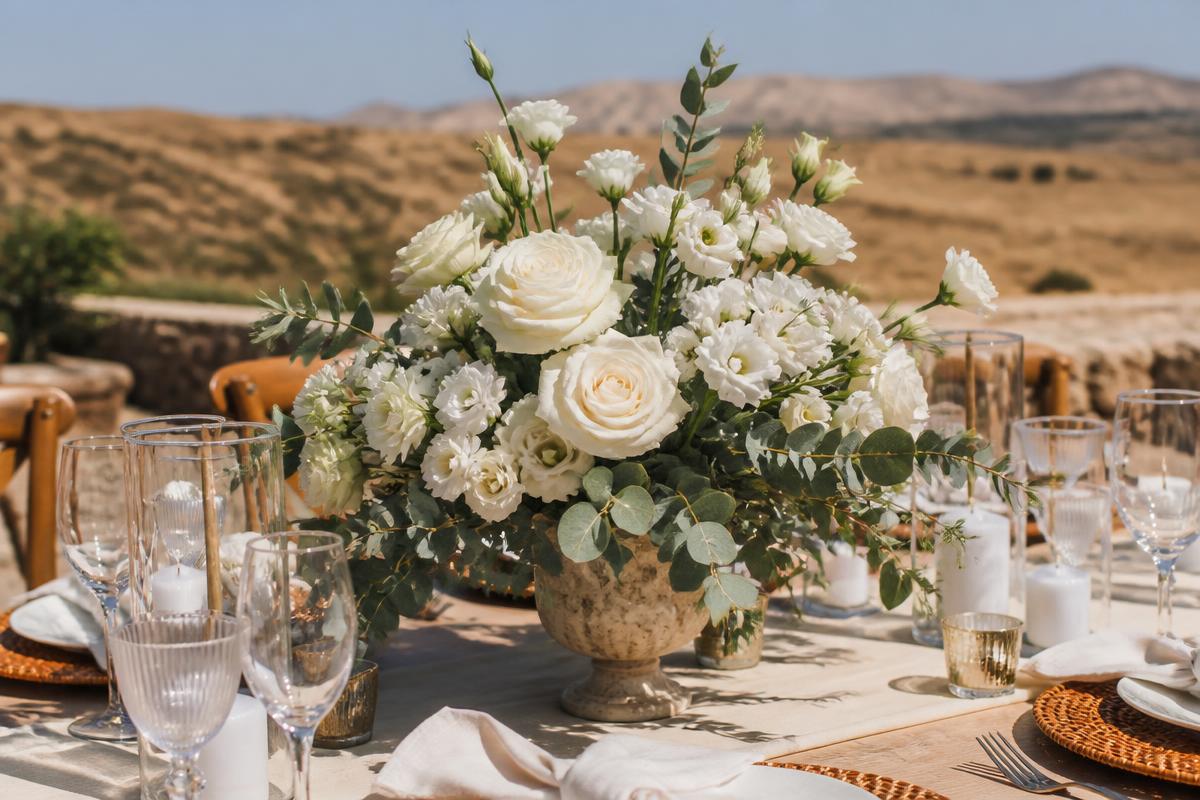 Cream rose and lisianthus centerpiece on an outdoor summer wedding table in bright sun