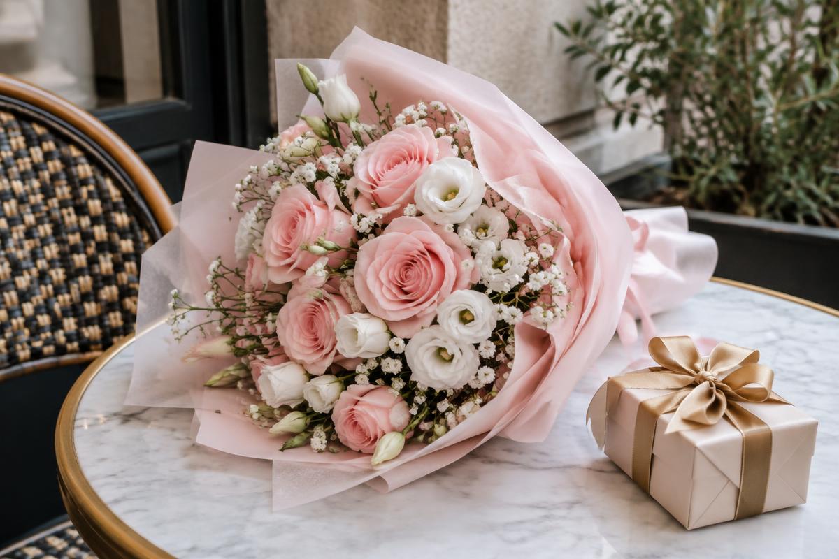 Pastel pink rose and lisianthus bouquet beside a small gold-ribboned gift box on a café table