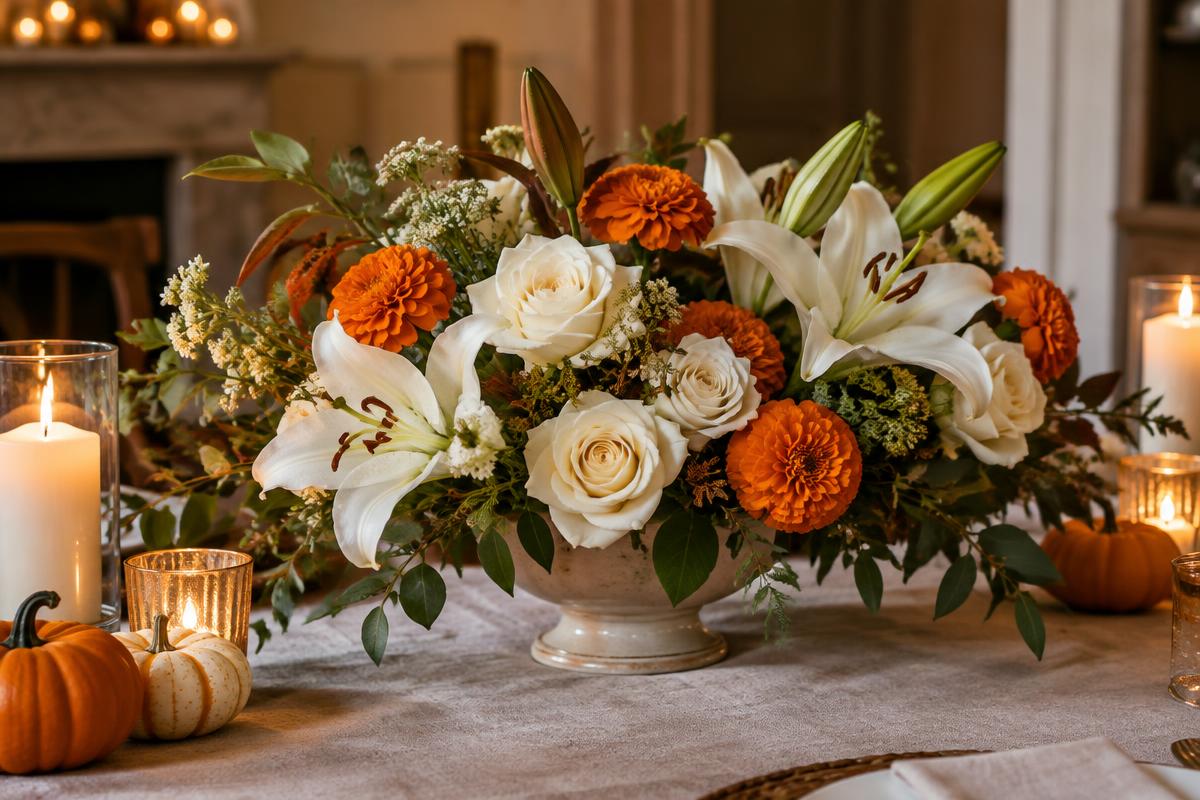 Low Thanksgiving centerpiece of ivory roses, white lilies and orange marigolds among candles and small pumpkins
