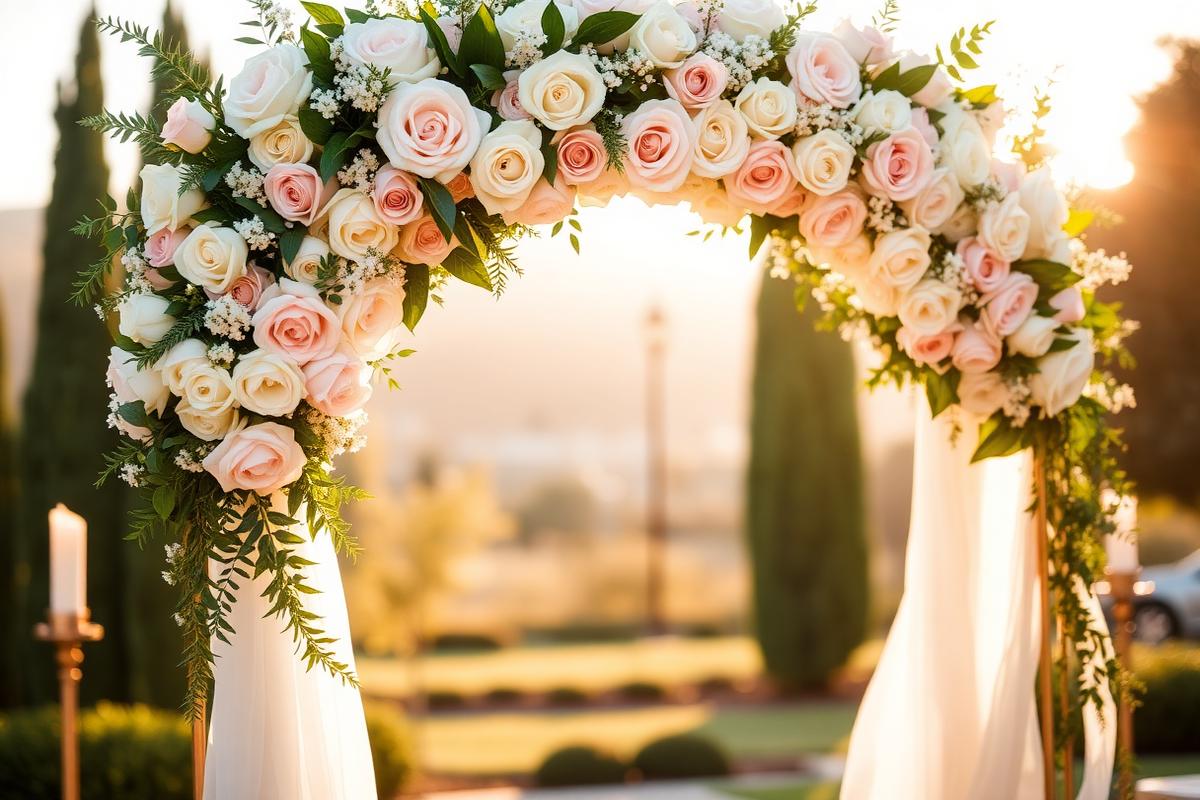 Wedding ceremony arch covered in white and blush roses at golden hour