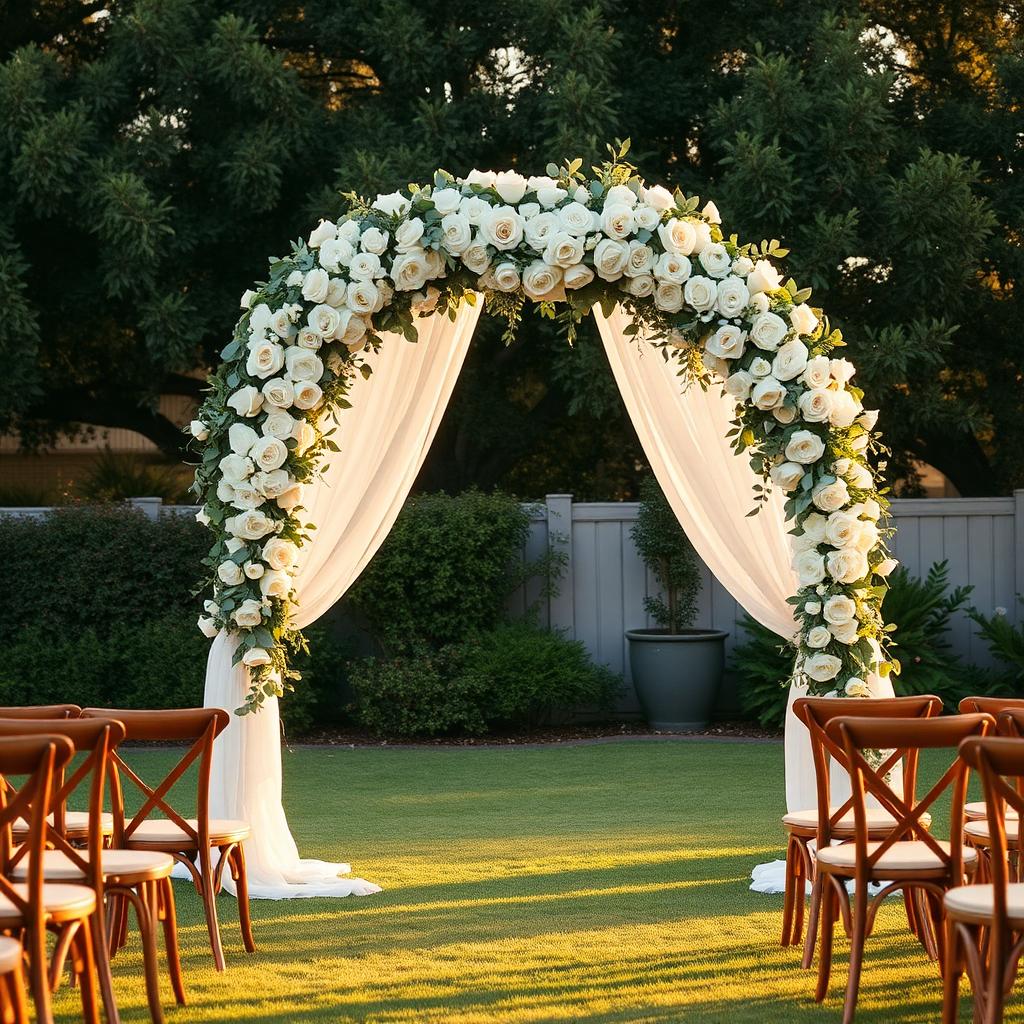 White rose and eucalyptus wedding arch at a backyard ceremony with wooden chairs at golden hour