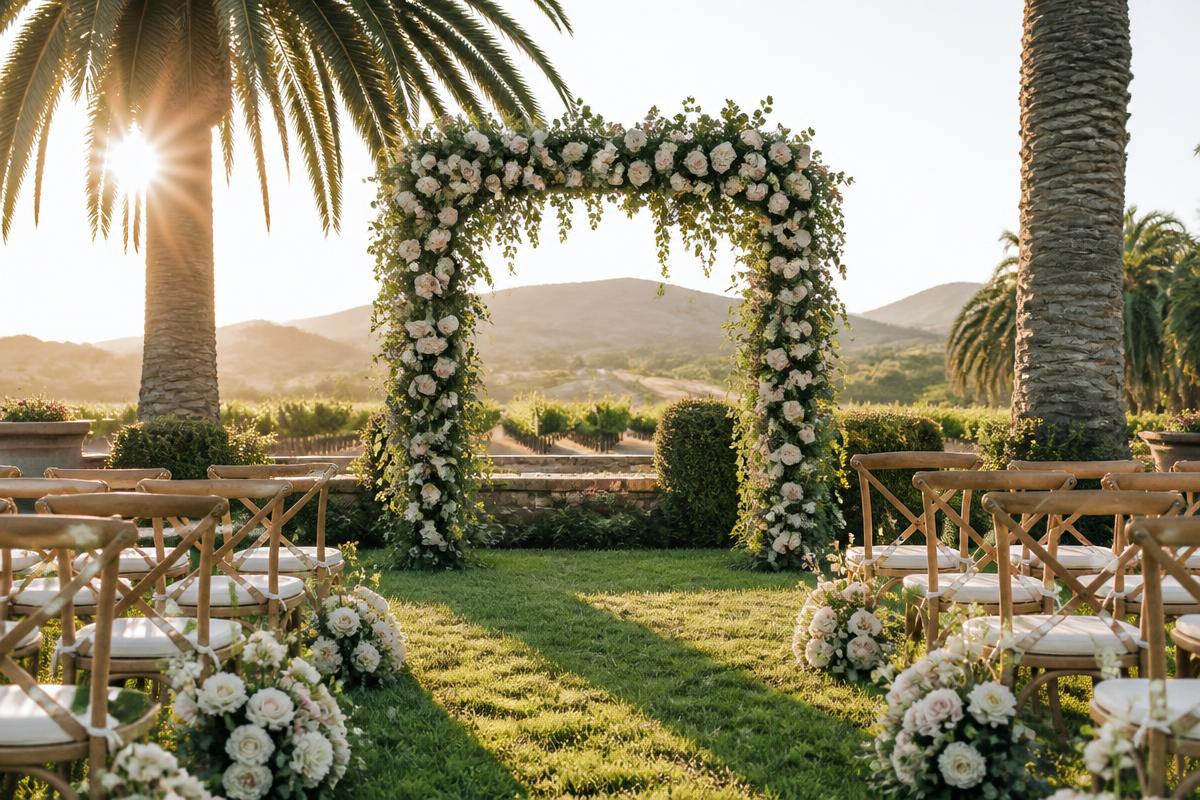 Floral ceremony arch of cream roses and greenery at a Southern California vineyard venue
