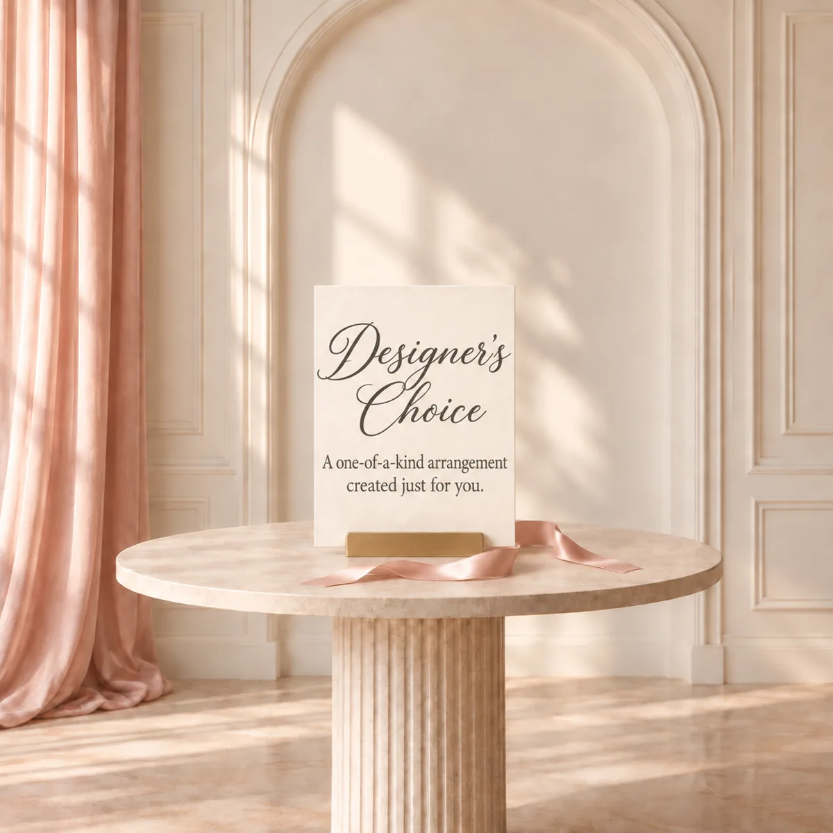 Designer's Choice card on a marble table with blush ribbon — a one-of-a-kind arrangement created just for you