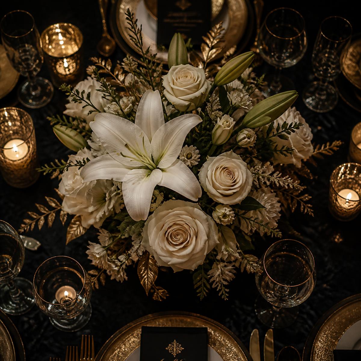Overhead view of a lily and cream rose centerpiece on a candlelit table