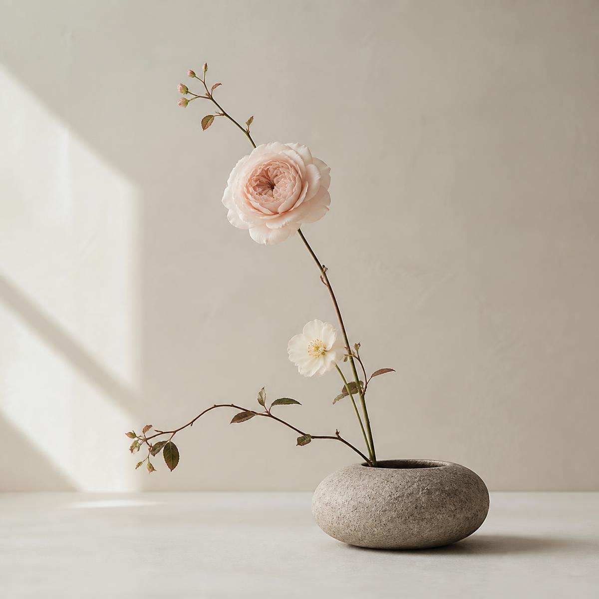 Minimalist single stem rose arrangement in a stone vessel