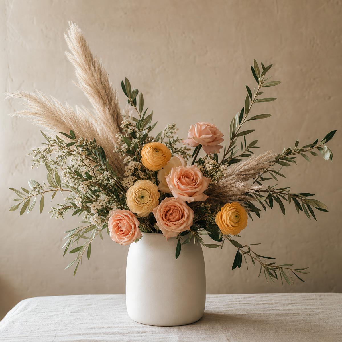 Refined everyday arrangement of peach roses, butter-yellow ranunculus and pampas grass in a matte white ceramic vase, delivered across Santa Clarita, CA