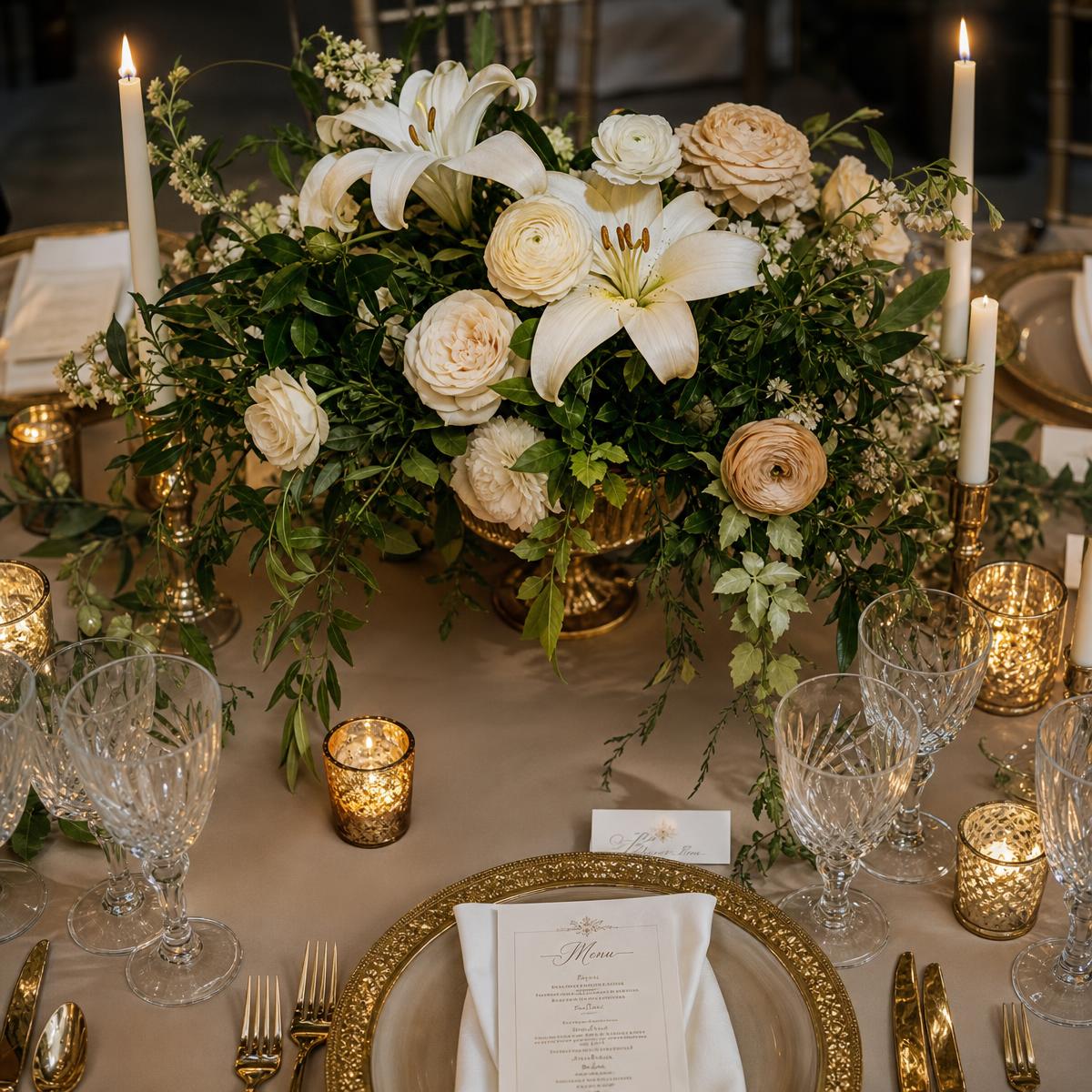 Elegant white lily and ivory rose wedding centerpiece glowing by candlelight, designed for galas and private events in Santa Clarita, California
