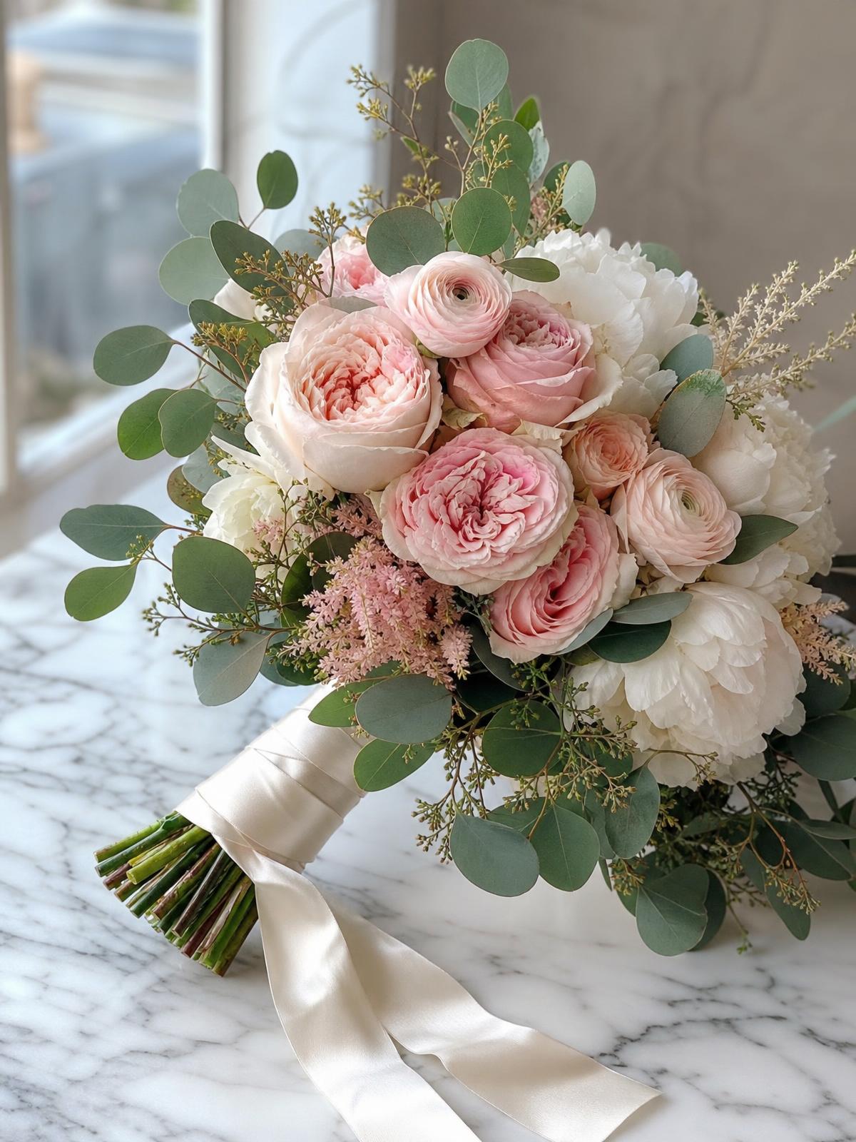 Luxury hand-tied bouquet of blush garden roses, peonies and eucalyptus wrapped in cream silk ribbon, crafted by Bloom With Love in Santa Clarita, CA