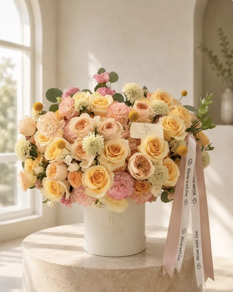 Golden Hour Garden luxury arrangement of butter-yellow and peach garden roses, pink carnations, scabiosa and craspedia in a cream Bloom With Love hat box